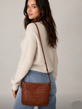 Anthropologie Vilenca Holland Woven Leather Cognac Crossbody Bag